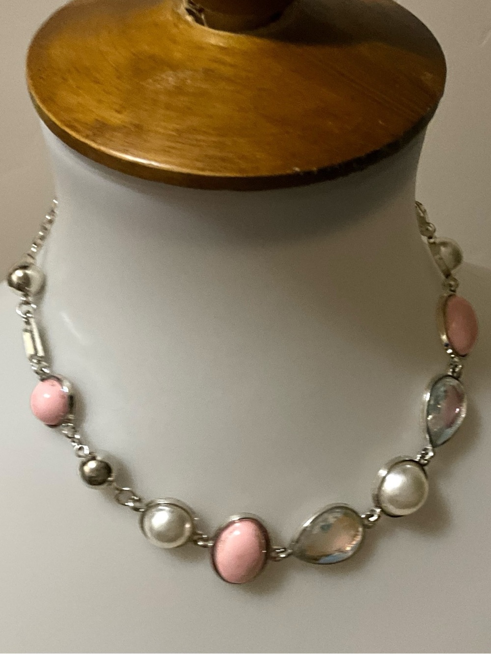 Pastel Pink Faux Pearl AB Rhinestone Silver Tone Link Necklace Adjustable